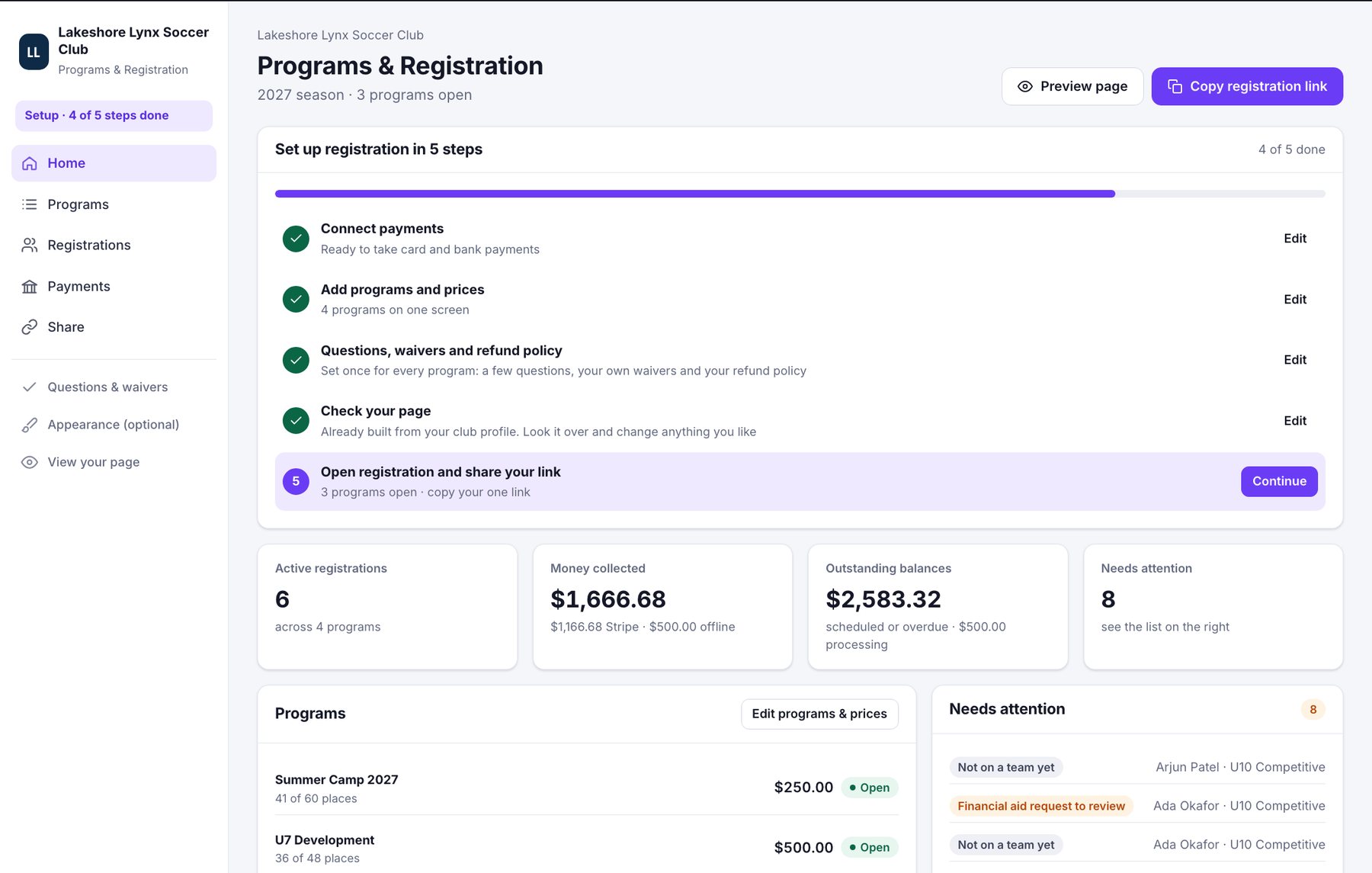 Registration dashboard