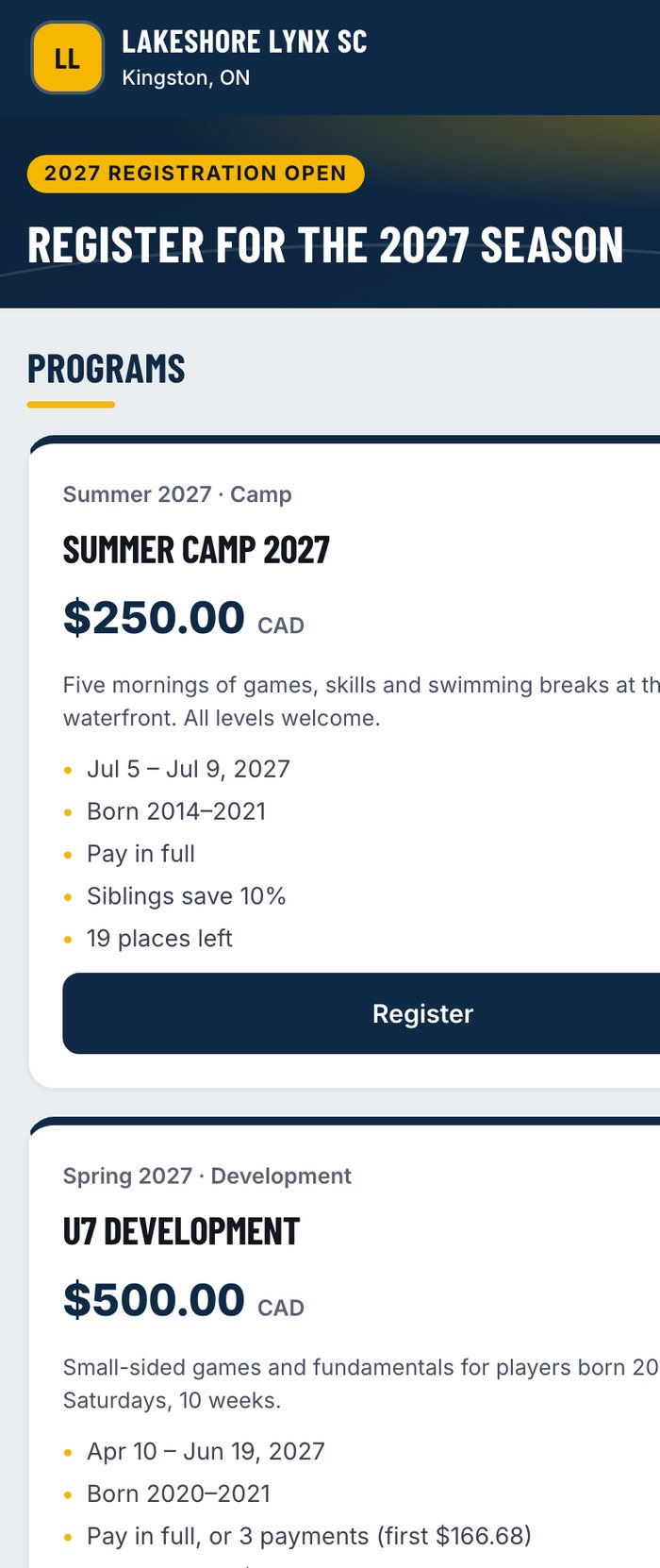 Club registration page